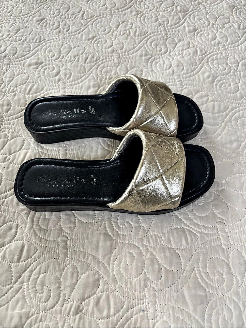 Mariella Gold Quilted Italian Leather Slide Sandals